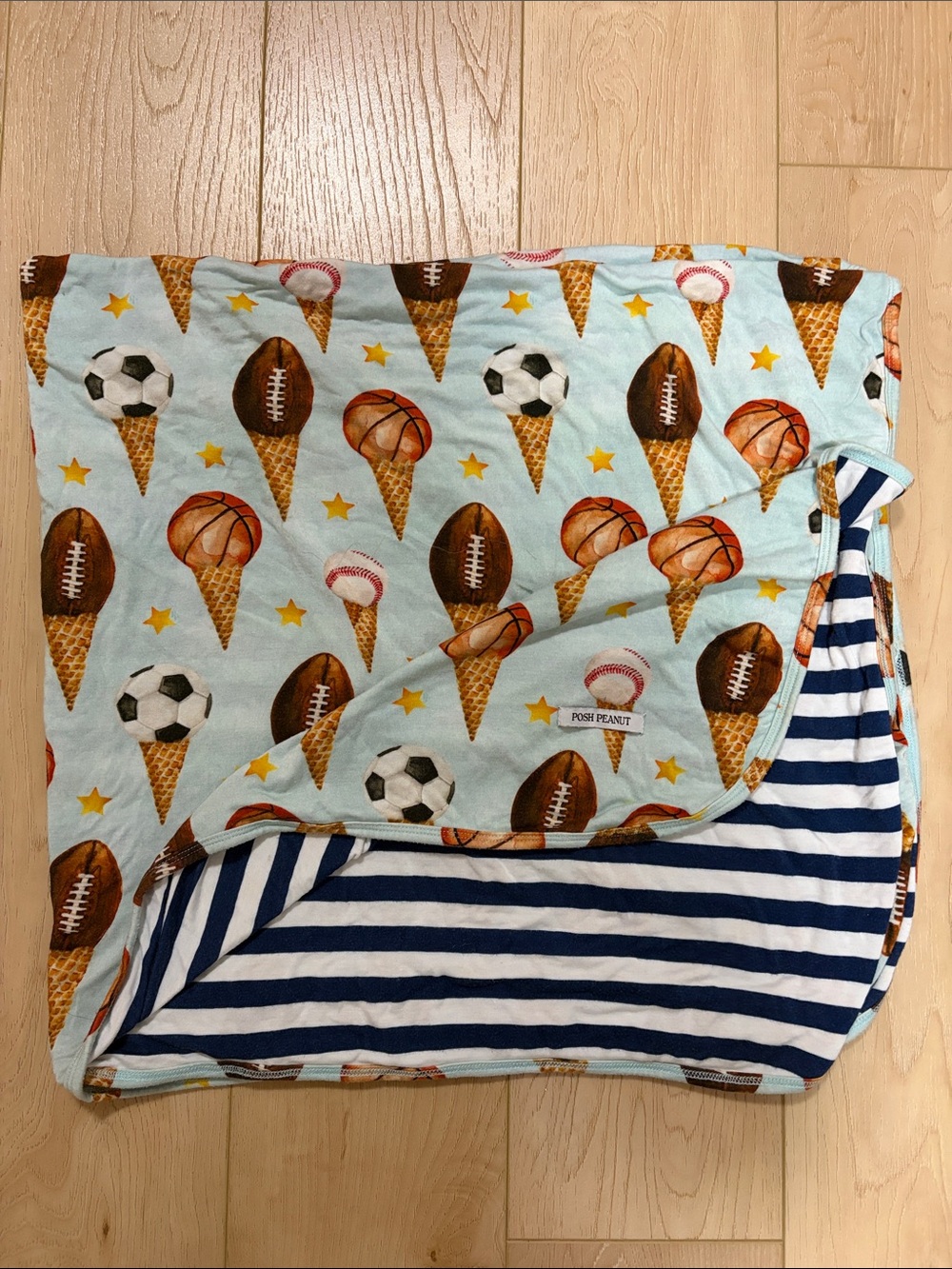 Posh Peanut Sport Balls & Ice Cream/Navy Stripe Patoo Blanket, see measurements